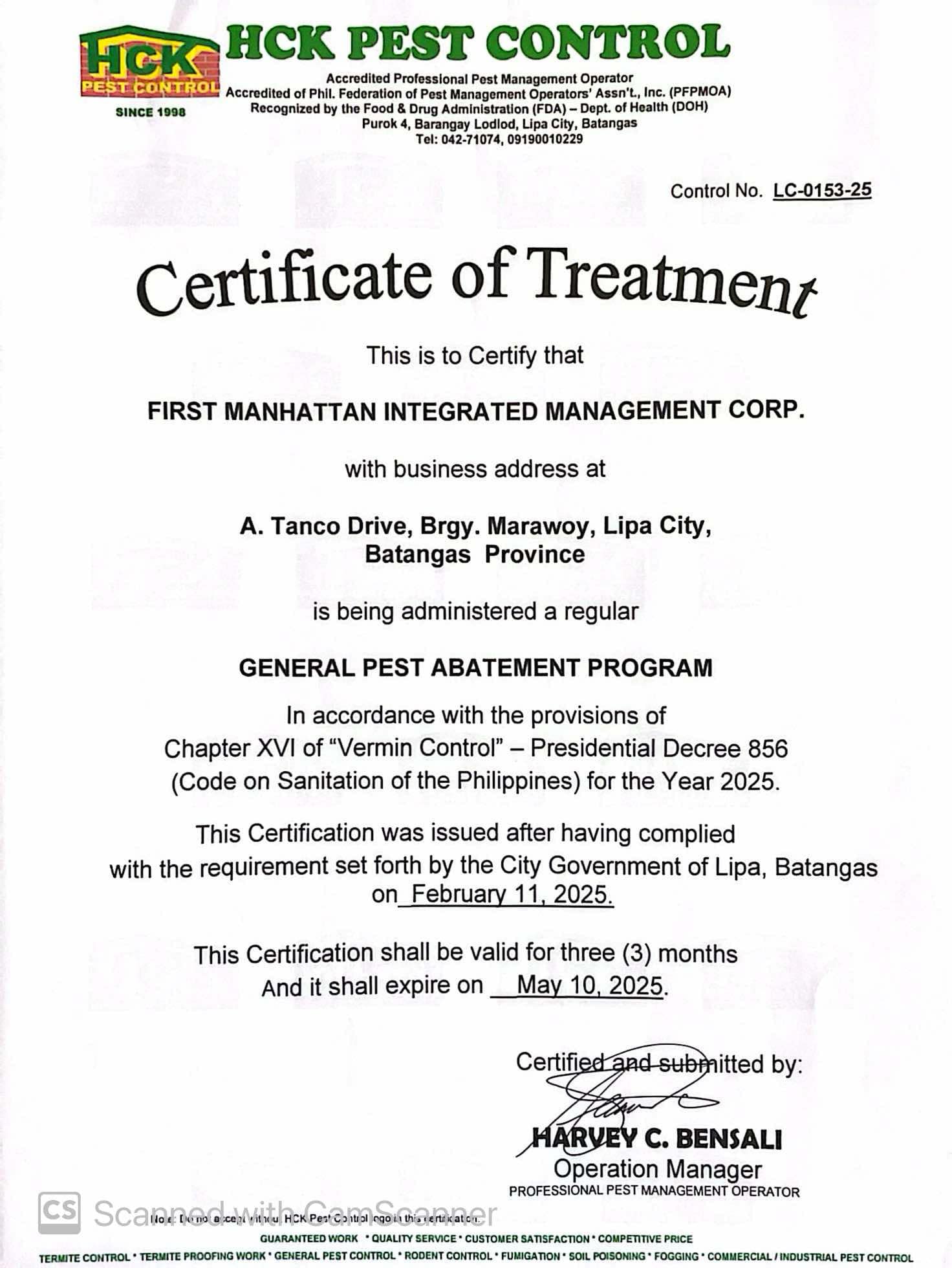 Treatment Certificate